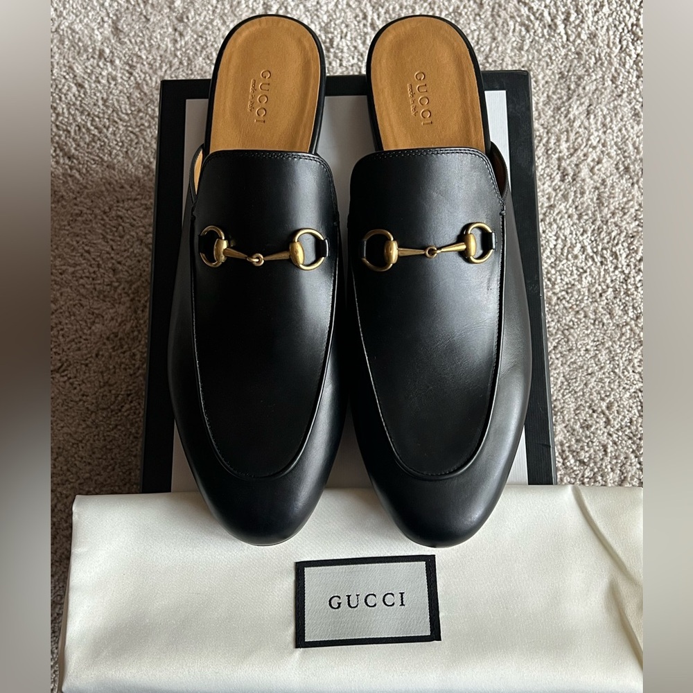 Gucci Black Leather Princetown Slipper Loafers with Gold Horsebit 42